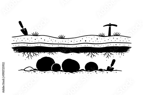 Underground excavation illustration with tools and rock layers
