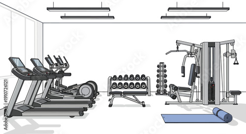 Interior sketch of a modern gym with cardio machines and weight equipment.