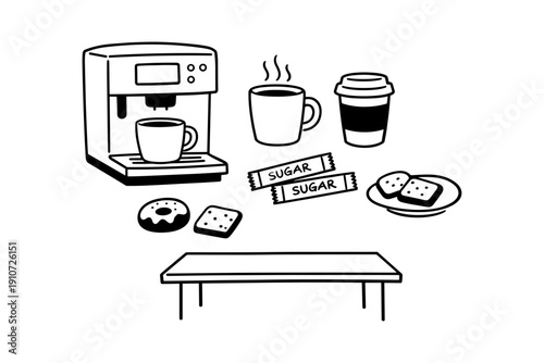 Coffee machine with cups, sugar, donuts, cookies, and table illustration