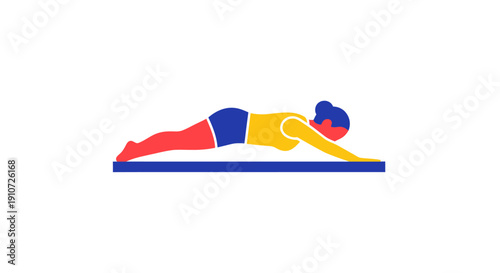 Colorful Illustrated Woman Performing Plank Exercise on Blue Surface.