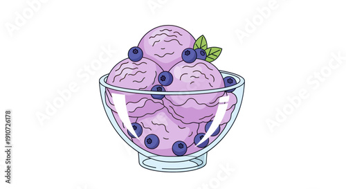 Blueberry Ice Cream in Glass Bowl with Berries and Mint.