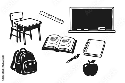 Classroom essentials: desk, blackboard, book, notebook, ruler, backpack, pen, apple