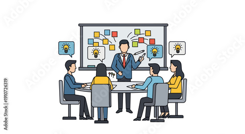 Business Team Meeting Brainstorming New Ideas with Presenter and Whiteboard Illustration.