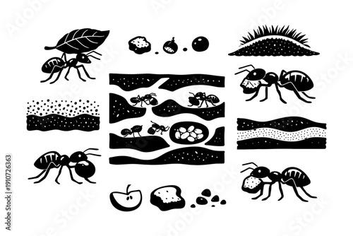 Illustrated ant colony with tunnels and foraging activities