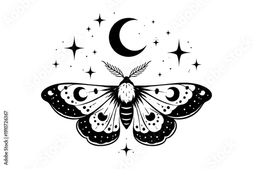 Mystical moth: celestial design with crescent moon and stars