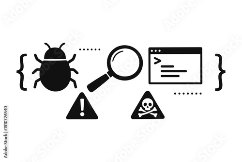 Bug detection in code: magnifying glass, error symbols, and coding interface