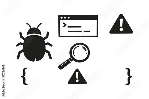 Bug detection and debugging concept with error symbols and code elements