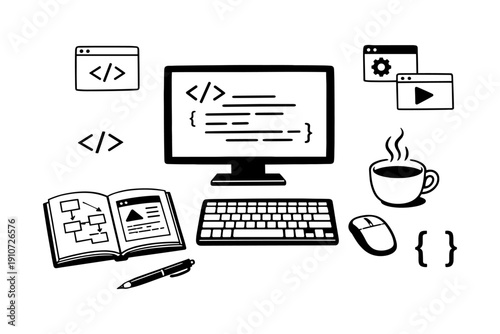 Coding workspace setup with computer, code symbols, coffee, mouse, and open book