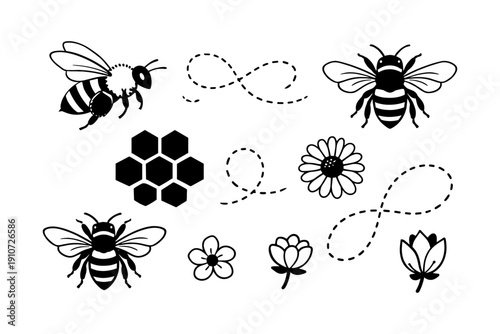 Bee and flower icons with flight paths and honeycomb shapes