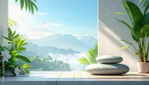Zen Spa Interior with Stacked Stones and Mountain View