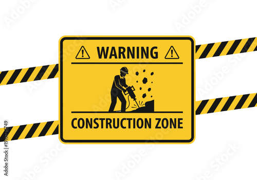 A bright yellow warning sign indicating a construction zone with a silhouette of a worker operating a jackhammer, surrounded by hazard tape.