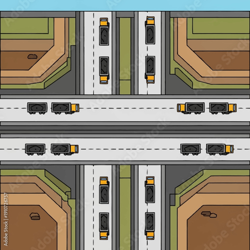 Overhead view of a busy highway interchange with multiple lanes and vehicles.
