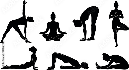 Female yoga silhouettes set of stretching and fitness poses vector