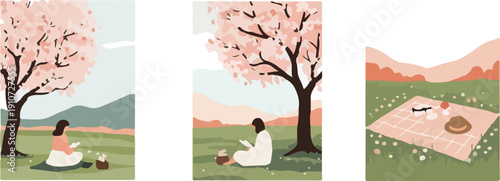 Spring Picnic and Cherry Blossom Collection, Woman Reading Under Sakura Tree, Abstract Floral Elements for Outdoor Lifestyle and Nature Renewal