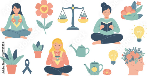 Women Mental Health and Emotional Wellbeing Illustration Set for Self Care Awareness