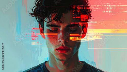 Young Man with Eyes Closed, Abstract Glitch Art Overlay