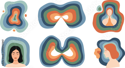 Mental Health Concept of Aura, Emotional State, and Inner Peace with Abstract Organic Shapes and Woman Portraits