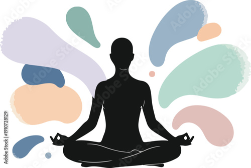 Silhouette of Person Meditating in Lotus Pose with Abstract Colorful Shapes Representing Mindfulness, Mental Health, and Inner Peace