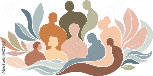 Abstract Community of Diverse People Silhouettes with Organic Leaves and Waves for Mental Health Awareness, Neurodiversity Celebration, and Inclusion Concept