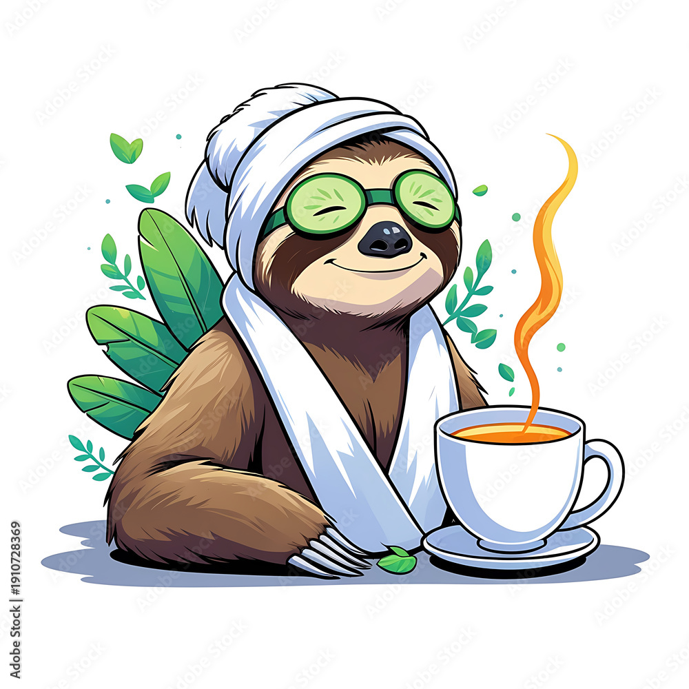 Obraz premium Smiling sloth in towel on head and cucumber eye mask with hot mug of tea. Relaxation art illustration.