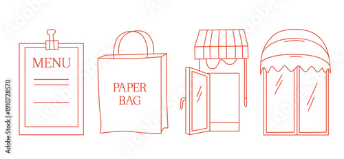 Hand-drawn cafe or coffee shop branding illustrations set made of menu board, paper takeaway bag and storefront, line art icons