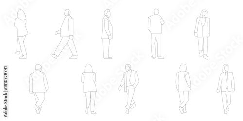 a set of people walking and standing in different poses