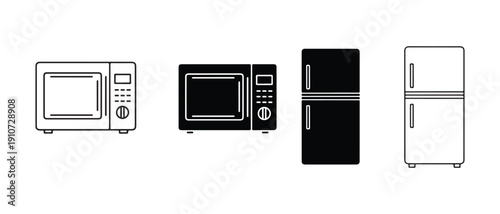 Kitchen appliances icons including microwaves and refrigerators in black and white