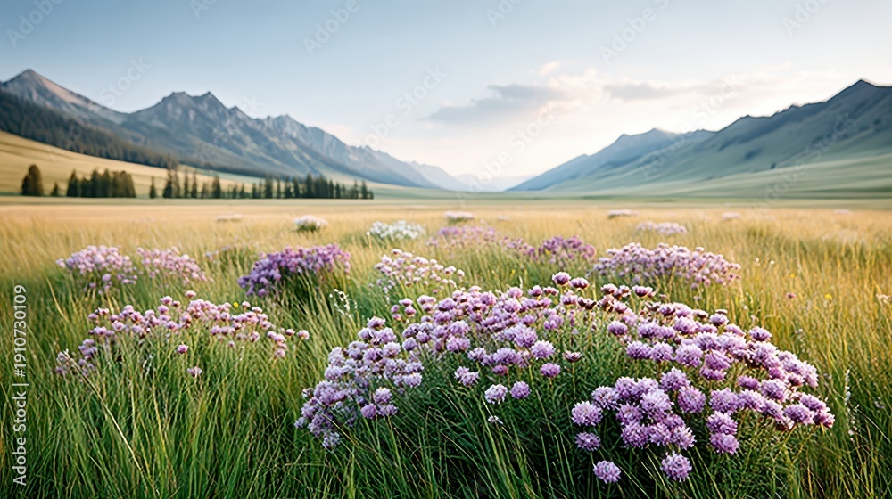 Fototapeta premium Stunning Mountain Landscape with Purple Flowers and Lush Green Grass