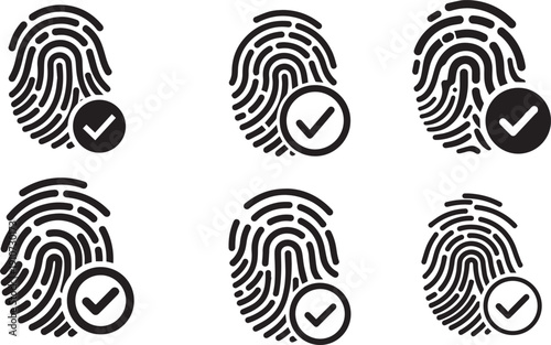 Fingerprint scan icon set with check mark silhouette vector for biometric security and verification
