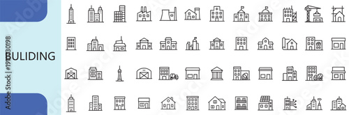 City buildings and urban architecture line icon set vector design