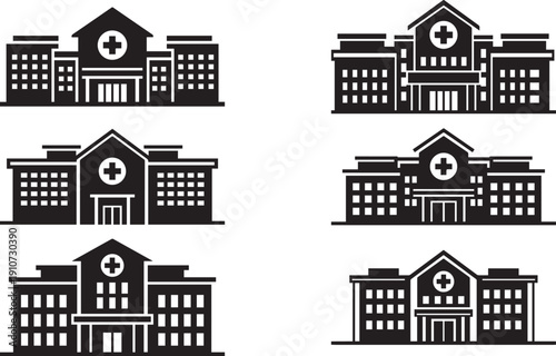 Hospital building icon set silhouette vector for medical healthcare center architecture banner