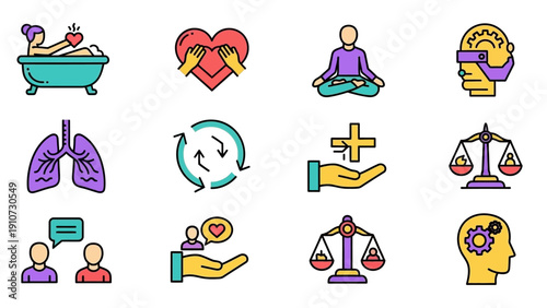 Modern Set of Outline Icons for Holistic Wellness, Mental and Physical Health, Self-Care, Balance, Empathy, and Community Support for a Healthy Lifestyle