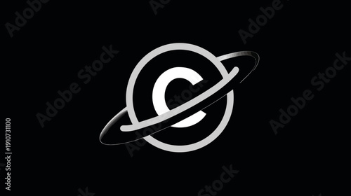 Sleek abstract letter C symbol with orbiting ring, modern geometric logo concept on a black background, minimalist design element