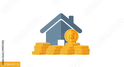 Blue House Icon with Stacked Gold Coins and Coin Symbol.
