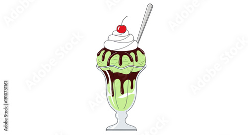 Delicious Mint Green Ice Cream Sundae with Chocolate Drizzle and Cherry.