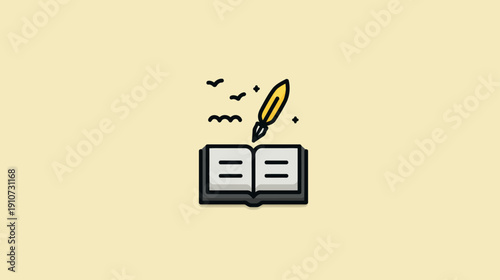 Creative writing and education concept with an open book and quill pen icon illustration on a light yellow background.