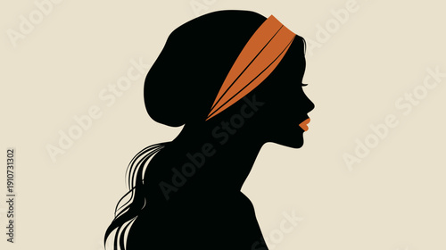 Elegant profile silhouette of a young woman with an orange headband and subtle matching lip color against a light background.
