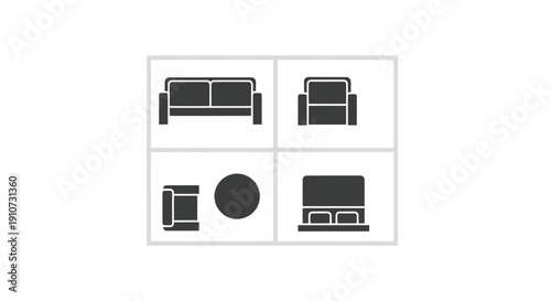 Top view furniture icons set: sofa armchair coffee table and bed.