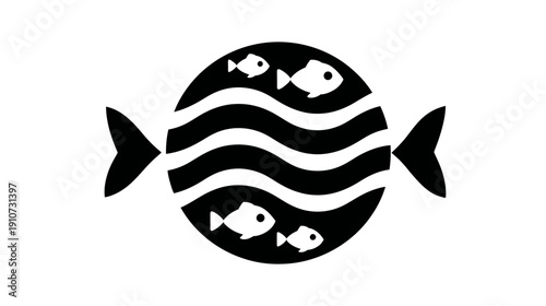 Black and white icon of fish swimming in wavy water inside a circular shape, symbolizing aquatic life and marine ecosystems.