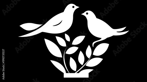 Two white graphic birds with leaves illustration on black background. Silhouette of peaceful doves for nature, love, and harmony concepts.