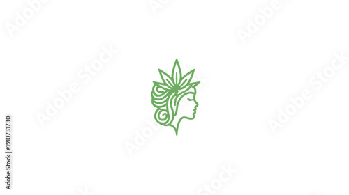 Elegant green line art illustration of a woman's profile with cannabis leaves in her hair, symbolizing natural beauty and wellness.
