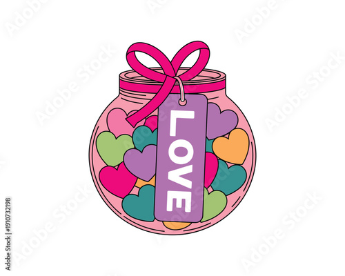 Valentine Day Colorful Heart Shapes in a Glass Jar with Love Tag 