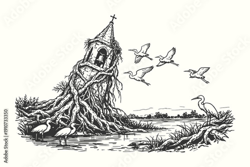 Surreal vector illustration of a sunken bell tower wrapped in tree roots with egrets flying in a swampy lake in a vintage woodcut style.