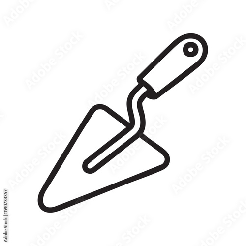 A simple black line drawing of a trowel on a plain background viewed from a slight angle showcasing the tool's handle and triangular blade
