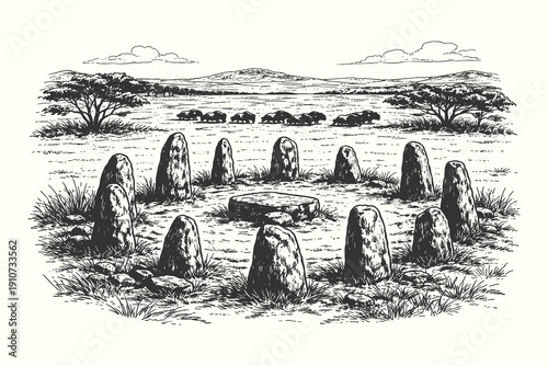 Vintage woodcut vector illustration of a stone circle monument on a grassy savanna with acacia trees and distant mountains in a hand drawn style.