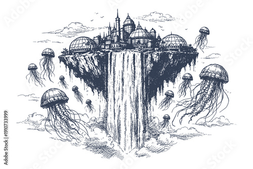 Surreal vector illustration of a floating city island with a waterfall surrounded by giant flying jellyfish in a vintage hand drawn engraving style.