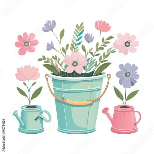 Watering can and bucket with pink flowers and a wooden crate in a garden setting Plant