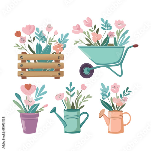Garden tools and buckets filled with colorful spring flowers and green leaves for hobby gardening Plant