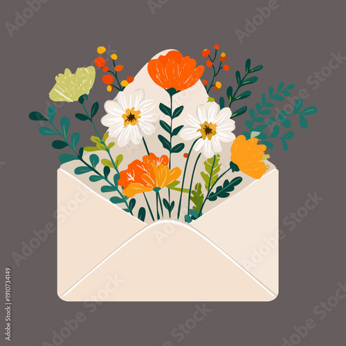 Open paper envelope overflowing with beautiful spring flowers and green leaves for a greeting card Plant