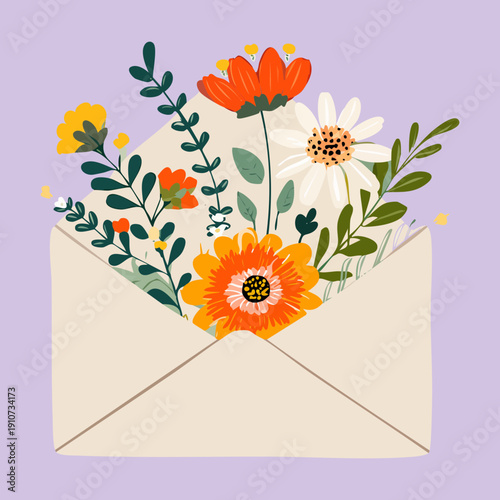 Envelope filled with vibrant orange and red flowers and green leaves for a romantic message Plant